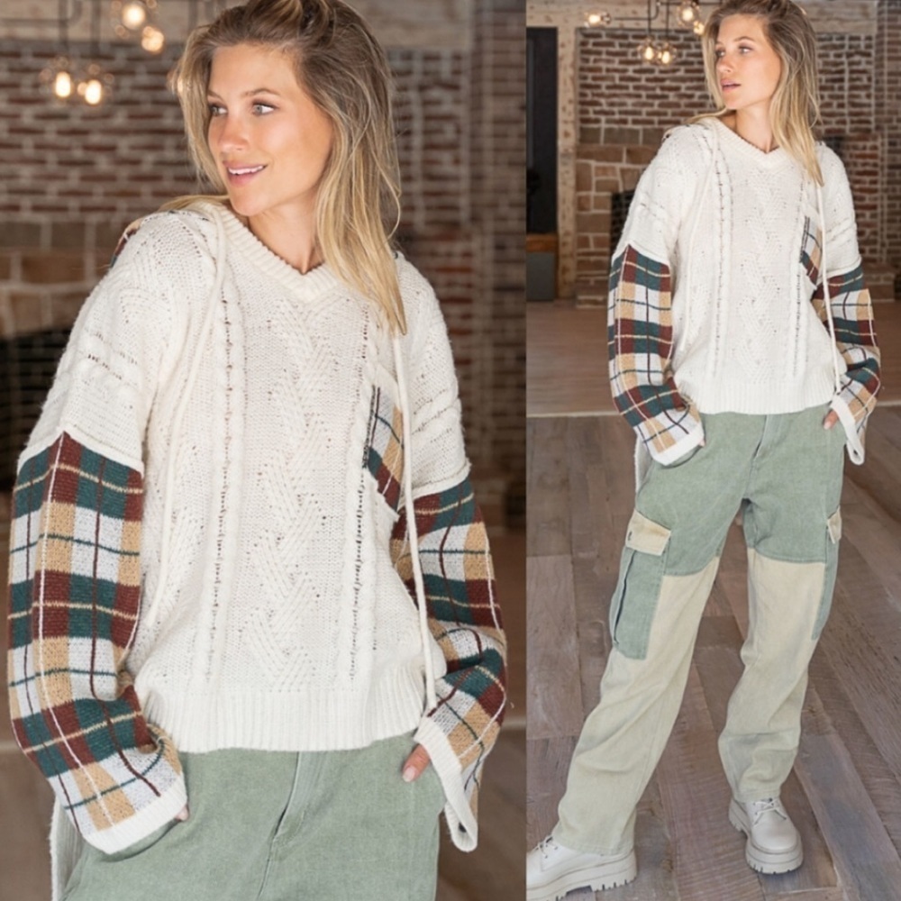 POL Plaid Spliced Hooded Sweater (Size M) BRAND NEW - Picture 4 of 7